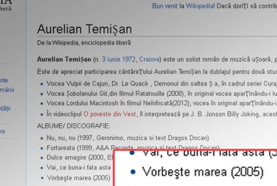 Aurelian Temişan, umilinţă maximă! În discografia lui de pe Wikipedia apare un album Cătălin Crişan