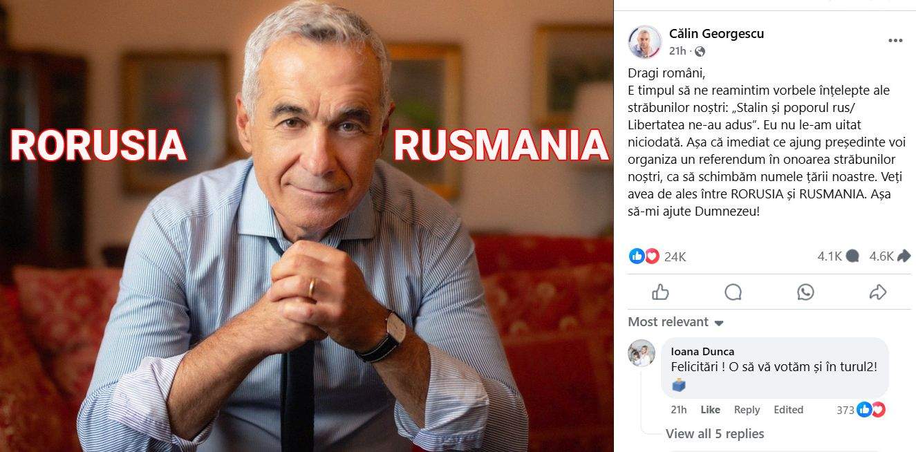 Călin Georgescu vrea referendum ca să schimbe numelui țării în Rorusia sau Rusmania